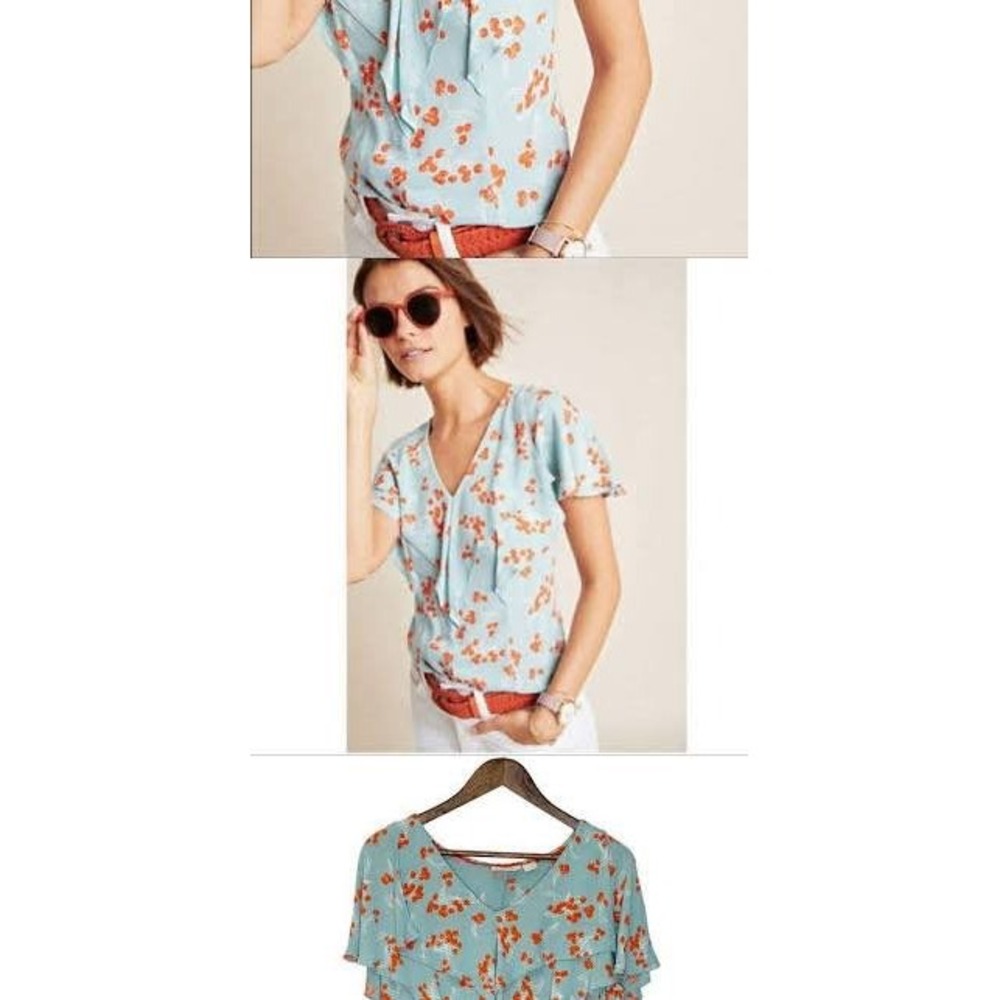 Maeve Anthropologie Blouse Womens 4 Blue Excellent Cherry Print Ruffle Cape Top